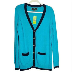 C. Wonder Button Down Cardigan Long Sleeve Teal Navy Blue Wool Alpaca NWT
